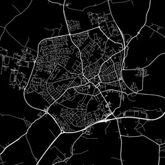 1:1 square aspect ratio vector road map of the city of  Wellingborough in the United Kingdom with white roads on a black background.