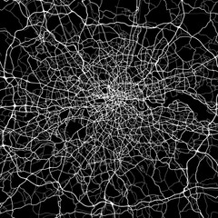 1:1 square aspect ratio vector road map of the city of  London Metro in the United Kingdom with white roads on a black background.