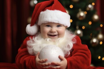 Obraz na płótnie Canvas Adorable Baby Boy Wearing Santa Hat Holding Christmas Ball on Carpet