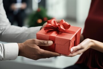 Closeup of Business Gift Exchange: Celebrating Teamwork with Corporate Gifts for the Boss and Leader