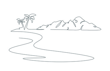 Drawing oasis with single continuous line. Tropical landscape with mountains and beach. Sea beach and lagoon with coconut palm in one line. Minimalistic linear illustration on white background.