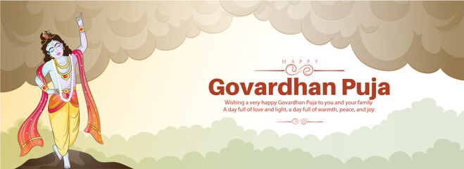 Creative vector poster of Lord Krishna lifting Govardhan mountain on the occasion of Govardhan Puja,Govardhan Puja, also known as Annakut or Annakoot.
