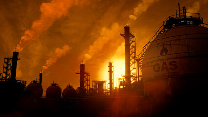 flammable gas or LNG storage tanks on refinery plant at sunset, fictional design - industrial 3D illustration