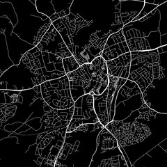 1:1 square aspect ratio vector road map of the city of  Kidderminster in the United Kingdom with white roads on a black background.