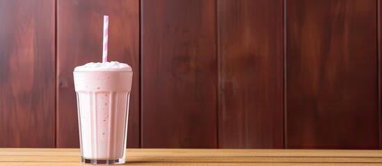 Milkshake with pink straws on a wooden background - Powered by Adobe