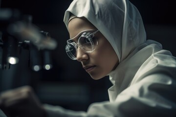 A Muslim woman scientist student wearing a lab coat and safety goggles, conducting experiments in a high-tech laboratory. Contribution to scientific research and innovation.
