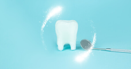 Orthodontic dental theme. Dental healthcare concept. Foam vortex around white toothand dentist...