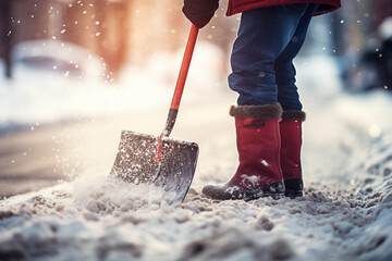 Snow removal close-up: individual shoveling sidewalk - obrazy, fototapety, plakaty