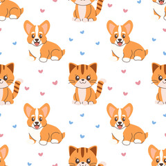 Seamless pattern pets, ginger corgi dog and kitty