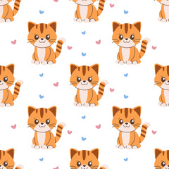 Seamless pattern of kitty, cat, kitten and hearts, cute