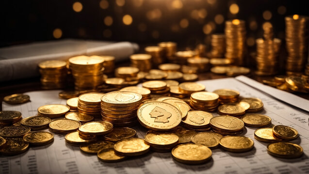 MUCHAS PILAS DE  MONEDAS DE ORO ESPARCIDAS