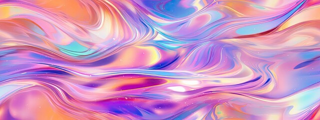 Seamless trendy iridescent rainbow surreal molten fantasy glass refraction background texture. Soft pastel holographic pattern. Modern unicorn gradient foil abstract nostaligic vaporwave effect - obrazy, fototapety, plakaty