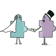 Jigsaw characters, symbol of marriage with funny characters holding hands, transparent background