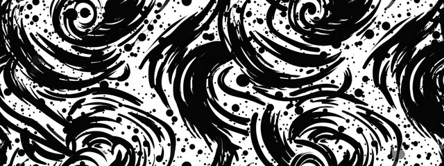 Seamless whimsical abstract graffiti scribble pattern, freestyle swirl motif. Monochrome bold black paint strokes texture on white background, trendy painterly doodle line art - obrazy, fototapety, plakaty