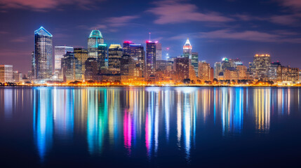 Obraz premium Riverside Radiance: City Lights on the Water