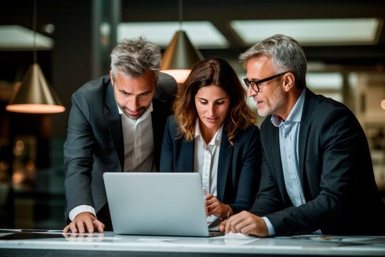 International diverse professional executives team workers or partners looking at laptop computer analyzing digital financial banking data corporate management working in office at group meeting