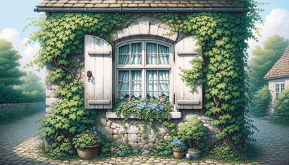  Illustration of a quaint window, slightly ajar, belonging to an old house, with ivy creeping up its sides