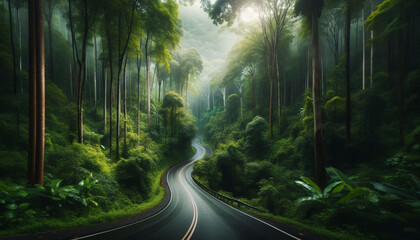 Photo of a winding road cutting through a verdant forest, with the sounds of nature filling the air and a sense of serenity prevailing - obrazy, fototapety, plakaty