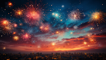 Happy New Year 2024 background. Beautiful holiday web banner Happy New Year 2024 sparklers on festive firework background. Colorful magical firework in the sky. - obrazy, fototapety, plakaty
