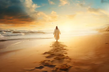 Zelfklevend Fotobehang Spiritual Steps: Jesus' Print in Sand © Andrii 