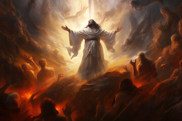 Divine Exorcism: Jesus Banishing Darkness - obrazy, fototapety, plakaty