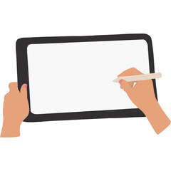 illustration of hands holding a graphics tablet, hands drawing on tablet, image on transparent background