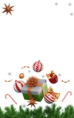 Merry Christmas. Flying gift box and Christmas tree decorations on a transparent background. 3D rendering