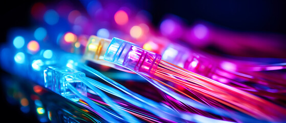 Fototapeta na wymiar network cable close up with fiber optic background and bokeh light