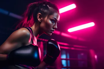 Tuinposter Punching Through Neon: Female Boxer's Workout © Andrii 