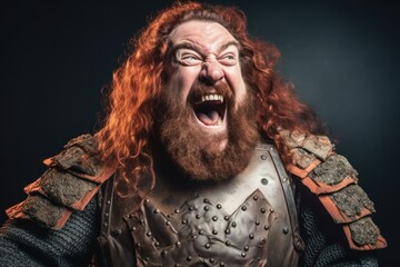 a big redhead curly dwarf is really excited, happy man concept