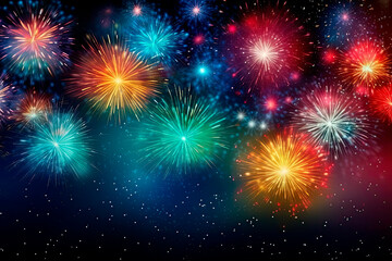 Fototapeta na wymiar Fireworks at New Year with copy space on blue background