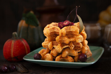 Homemade Pumpkin waffles. Autumn, Halloween, Thanksgiving Food Concept.