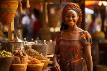 Obraz premium African Woman Immersed in Vibrant Market Scene