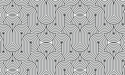 Abstract geometric Japanese wavy and curved lines topographic contour map seamless pattern background. Seamless circle stripe line pattern, arc shape, fence, art deco design vector illustration.