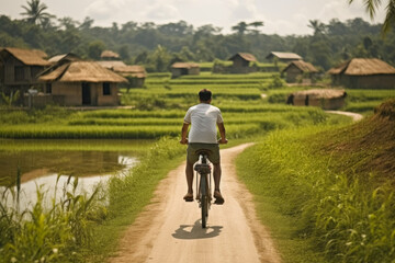 Serene Asian Cyclist Amidst Scenic Countryside