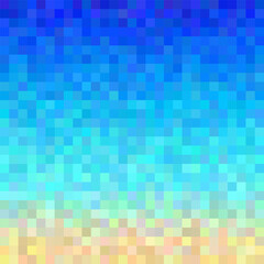 Blue pixelat water near the sandy beach. 16-bit retro vector illustration of a seashore or ocean. Gradient background with dithering.