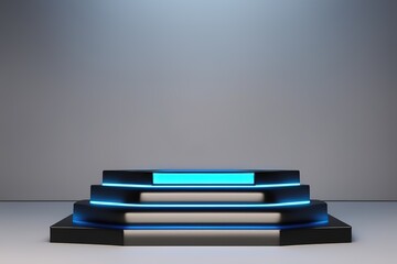 3d rendering illustration abstract futuristic podium display stage with neon light on black background.for modern power presentation.showcase gor hall or exhibition. AI generated