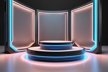 3d rendering illustration abstract futuristic podium display stage with neon light on black background.for modern power presentation.showcase gor hall or exhibition. AI generated