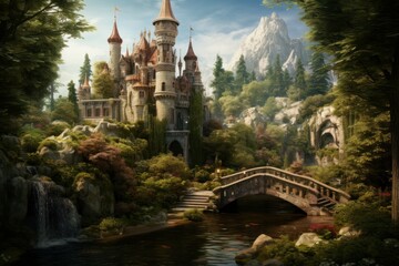 Fototapeta na wymiar Vast Fairytale castle. Travel nature sky. Generate Ai