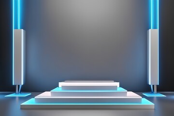 3d rendering illustration abstract futuristic podium display stage with neon light on black background.for modern power presentation.showcase gor hall or exhibition. AI generated