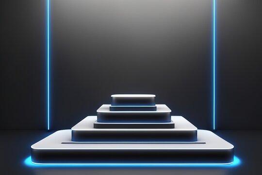 3d rendering illustration abstract futuristic podium display stage with neon light on black background.for modern power presentation.showcase gor hall or exhibition. AI generated