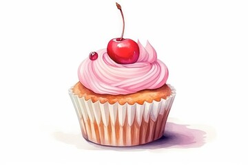 Watercolor cupcake with cherry-almond frosting and maraschino cherry decoration. AI generated - obrazy, fototapety, plakaty
