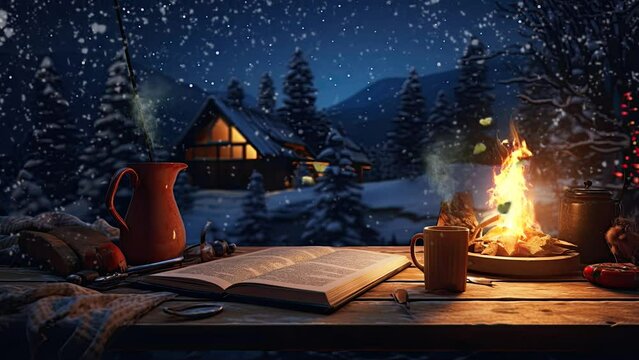 Even though it was Christmas night outside the tent with a fireplace and Christmas light decorations.  with anime or cartoon style. seamless looping time-lapse virtual video animation background. 