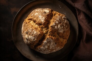 An overhead shot of a plate of freshly baked Irish soda bread, highlighting its rustic texture and golden crust. Saint Patrick's Day.