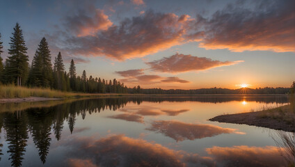 Fototapeta na wymiar A serene lake reflecting the colors of a sunset sky.