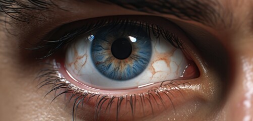 Fototapeta premium Blue and hazel. close-up macro photography. Human eye. Man, male, masculine, he. Cornea, Iris, Pupil, Lens, Retina
