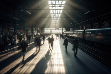 Sunlit train station bustling with people, shadows cast by windows