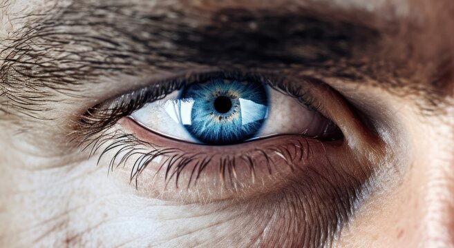 Deep blue and white. close-up macro photography. Human eye. Man, male, masculine, he. Cornea, Iris, Pupil, Lens, Retina