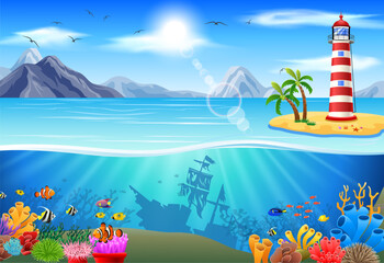 Seascape with lighthouse and tropical fish. Vector cartoon illustration.