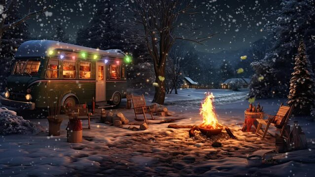 Christmas night atmosphere with a van and bonfire outside the house. seamless looping time-lapse virtual video animation background.